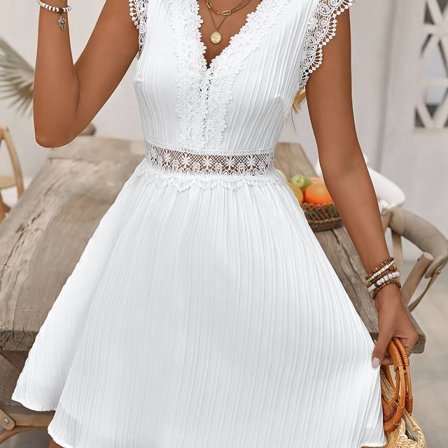 TEMU Women's Elegant V-neck Lace Trim A-line Dress With Puff Sleeves - Lightweight Breathable Solid Color Machine Washable Spring Summer Casual Vacation Dress, Quality Fabric Dress