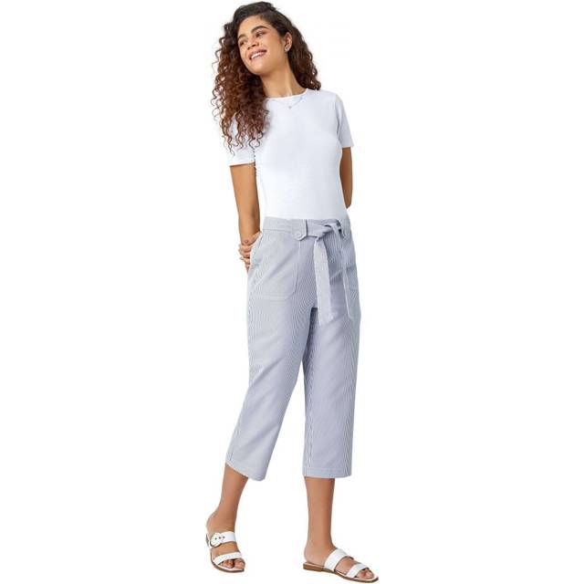 Roman Womens Stripe Elastic Tie Waist Cropped Trousers - Blue - Size 20 UK