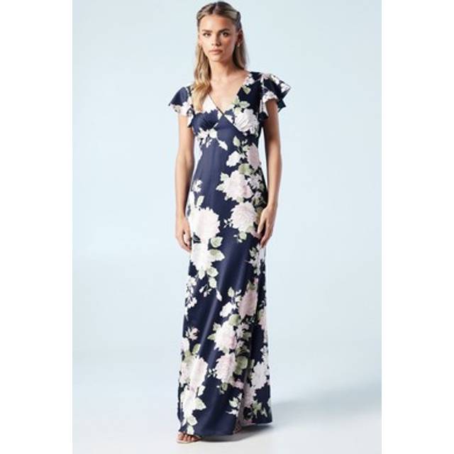 Petite Dahlia Floral Printed Satin Ruffle Sleeve Bridesmaids Dress - Navy - 8