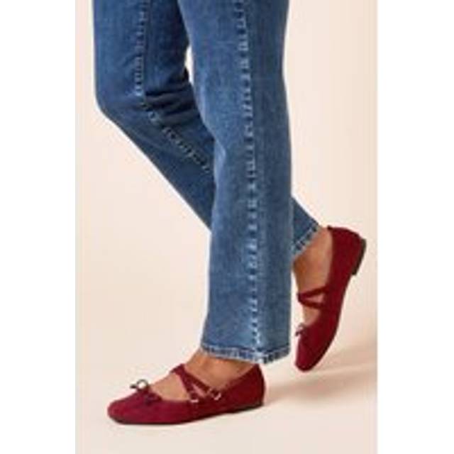 Womens Margaret Faux Suede Cross Strap Mary Jane Flat Ballet Pumps - Burgundy - 8
