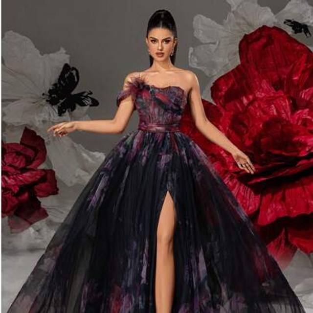SHEIN Elegant Off-The-Shoulder Black Floral Print Long Tulle Evening Gown With High Slit, Women Formal & Evening Dresses, Prom Dresses For Women, Formal Eve