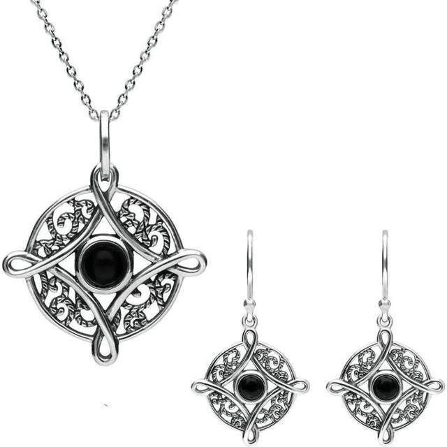 Sterling Silver Whitby Jet Four Point Cross Two Piece Set