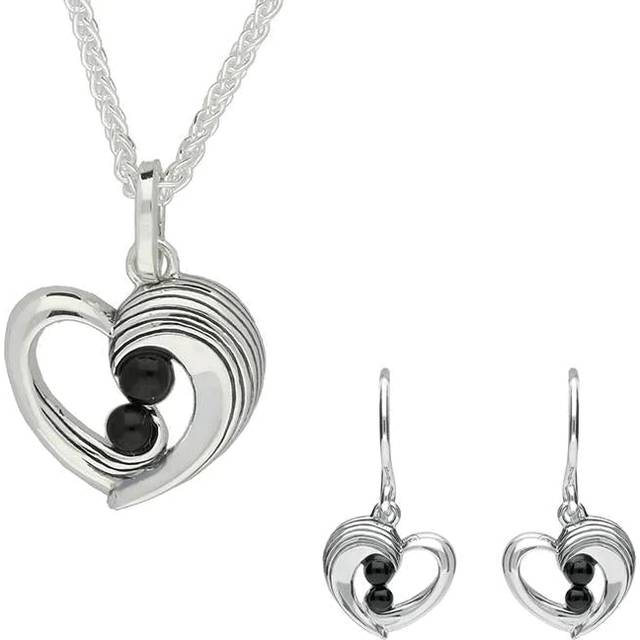 Sterling Silver Whitby Jet Half Ridge Stone Heart Two Piece Set