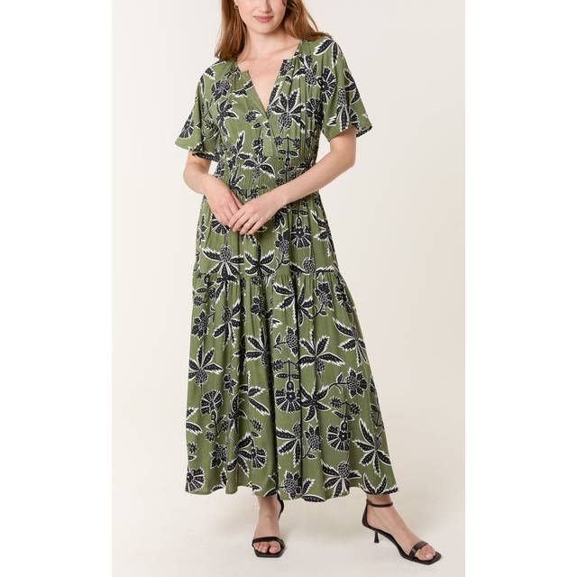 Blue Vanilla Khaki Notch Neck Elastic Tropical Print Dress - XL