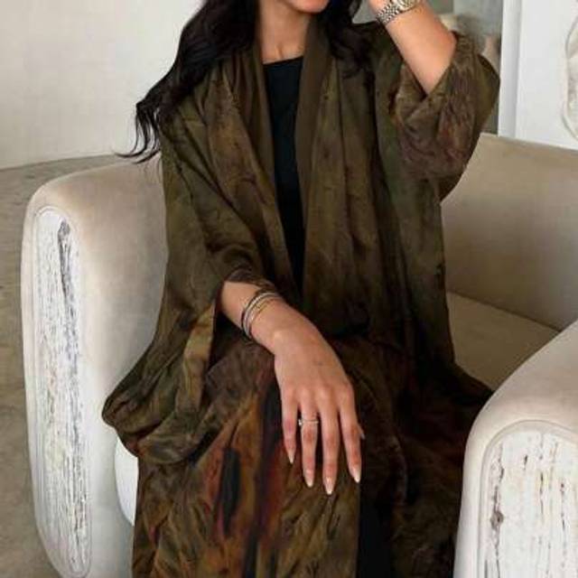 SHEIN 1pc Elegant Casual Solid Color Viscose Chiffon Tie Dye Open Front Long Robe Abaya, Fashion Sophisticated Fabric Craftsmanship, Modest Kaftan