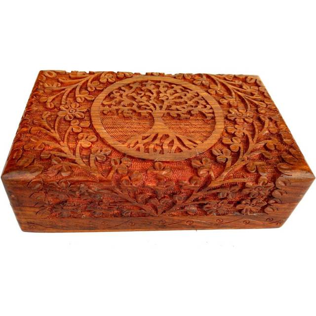 Ajuny Handcarved Wooden Decorative Treasure Chest Box Tree Pattern - Multipurpose Use As Jewelry Storage, Watch Box, Great for Gifts - Brown, 8X5 Inch