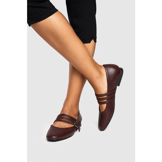 Womens Triple Strap Mary Jane Ballet Flats - Burgundy - 8