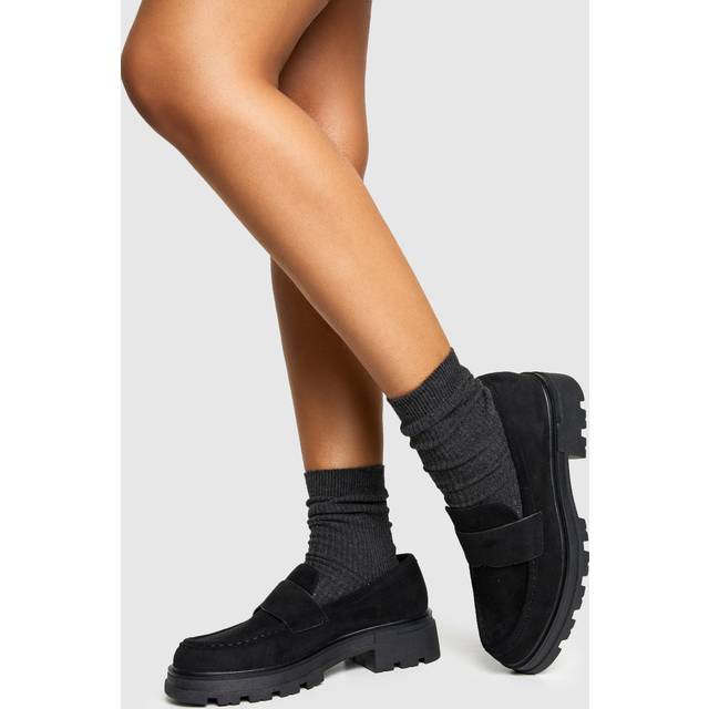 Womens Faux Suede Chunky Loafers - Black - 5, Black