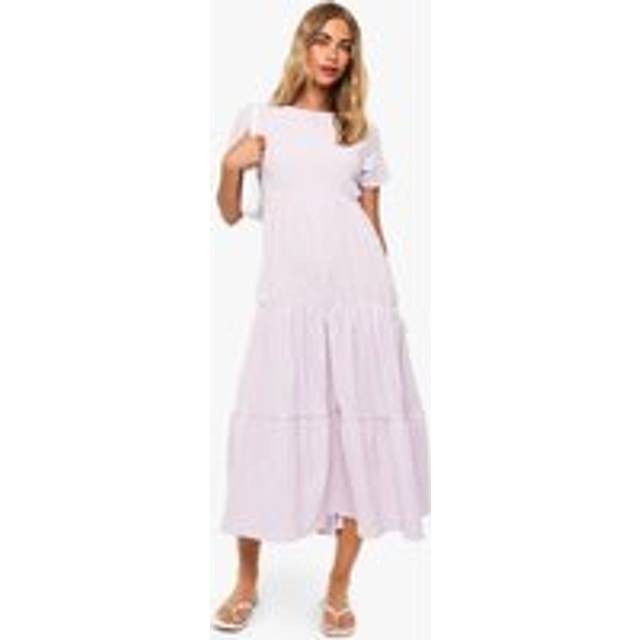 Womens Textured Gingham Tiered Maxi Smock Dress - Lilac - 14