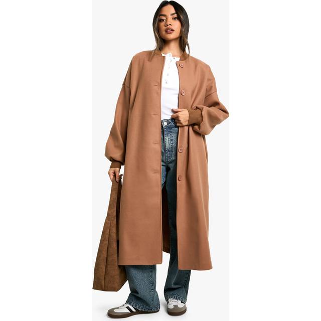 Womens Wool Look Maxi Bomber Jacket - Beige - 14, Beige