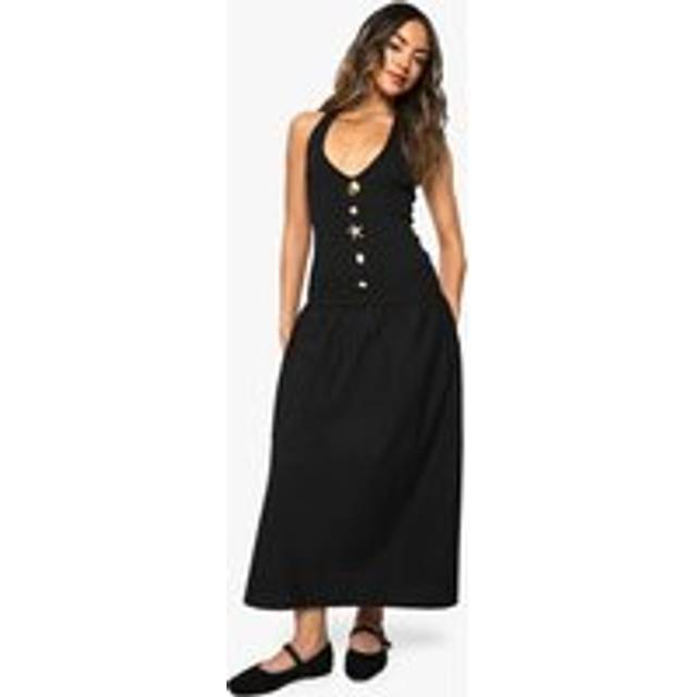 Womens Starfish Gold Trim Rib Poplin Mix Midaxi Dress - Black - 6