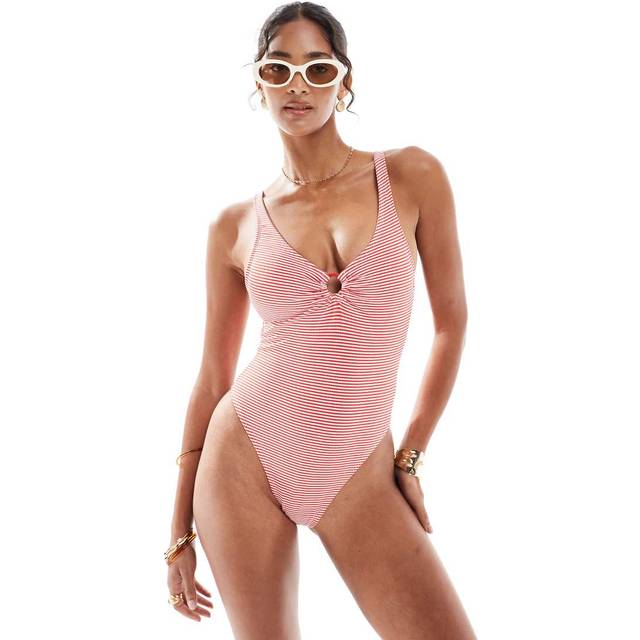 New Look Women's Red Striped Ring Detail Swimsuit - UK 6
