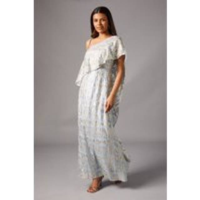 Petite Metallic One Shoulder Maxi Dress - Light Blue - 12