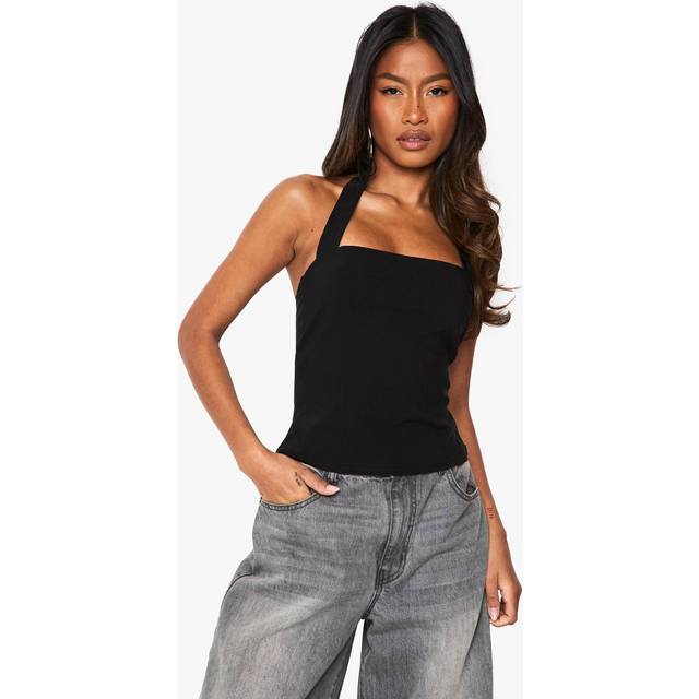 Womens Bengaline Halter Square Neck Top - Black - 16