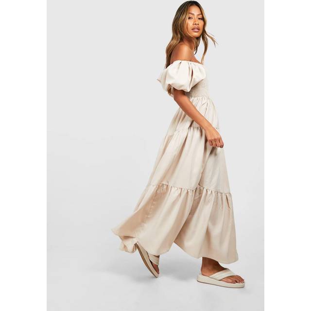 Womens Tiered Shirred Midaxi Smock Dress - Beige - 16, Beige