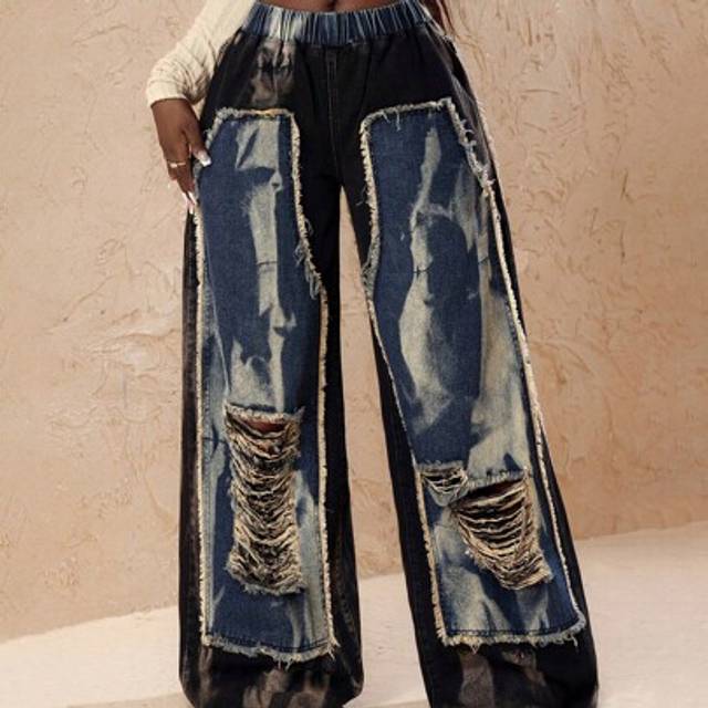Slaydiva Women&#39;s Elastic Waist Ripped Wide Leg Loose Casual Jeans