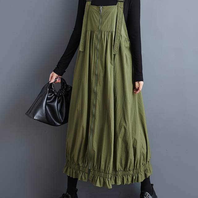 TEMU Women's Casual Black Suspender Midi Dress - With Zipper, Hem, Polyester, Ideal For Spring/summer/fall