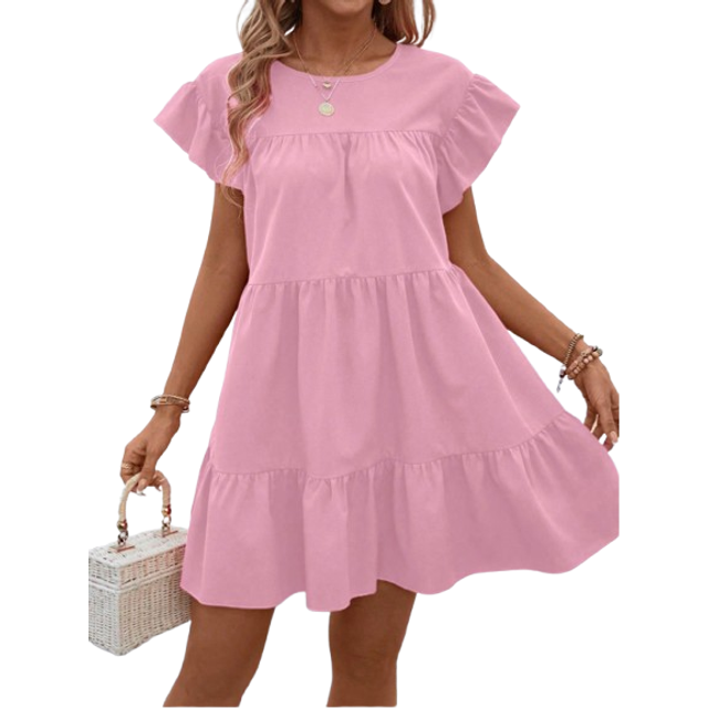 Breezaya Women Summer Solid Color Round Neck Loose Babydoll Dress With Ruffle Trim Vacation Beach Outfit