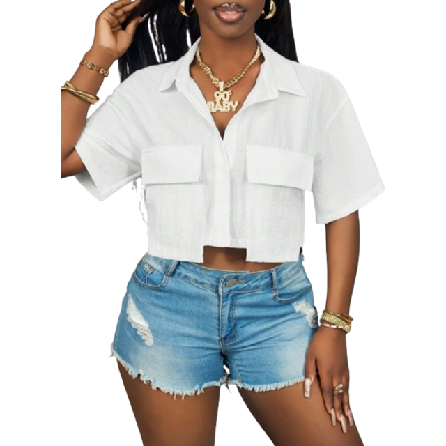 Slaydiva 2025 New Ladies Casual Stree Pocket Short Sleeve Shirt Collar Loose Crop White Drop Shoulder Shirt Women Blouses,Spring/Summer,Casual Daily Wear,Music