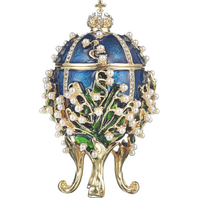 danila-souvenirs Faberge Style Lilies of the Valley Egg Trinket Jewel Box with Imperial Crown 8,5 cm blue