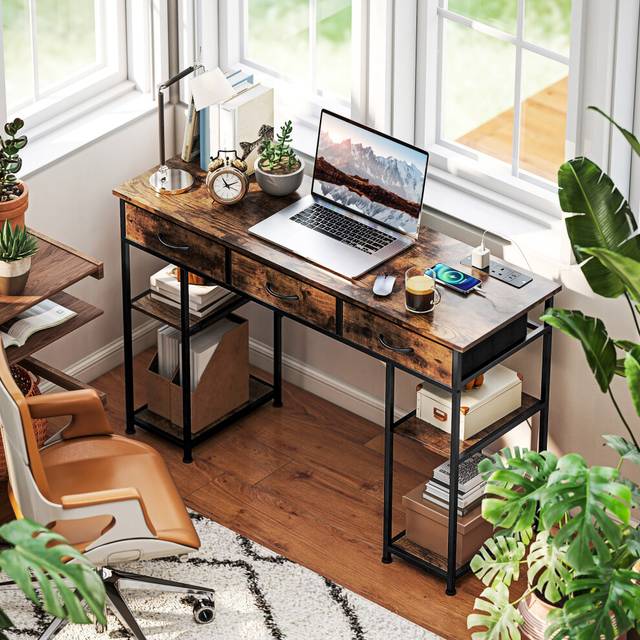 (Brown) HOMCOM Computer Writing Desk with Power Outlets, Drawers, Shelves