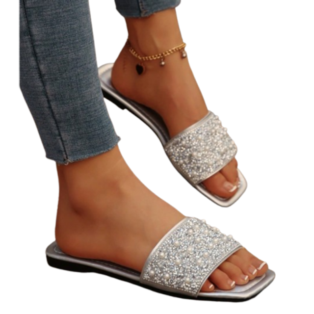 SHEIN Plus Size Women Student Sandals Backless Summer New Silver Square Toe Ladies Flat Sandals Fashion Non-Slip Crystal Soft Bottom Slippers Suitable With