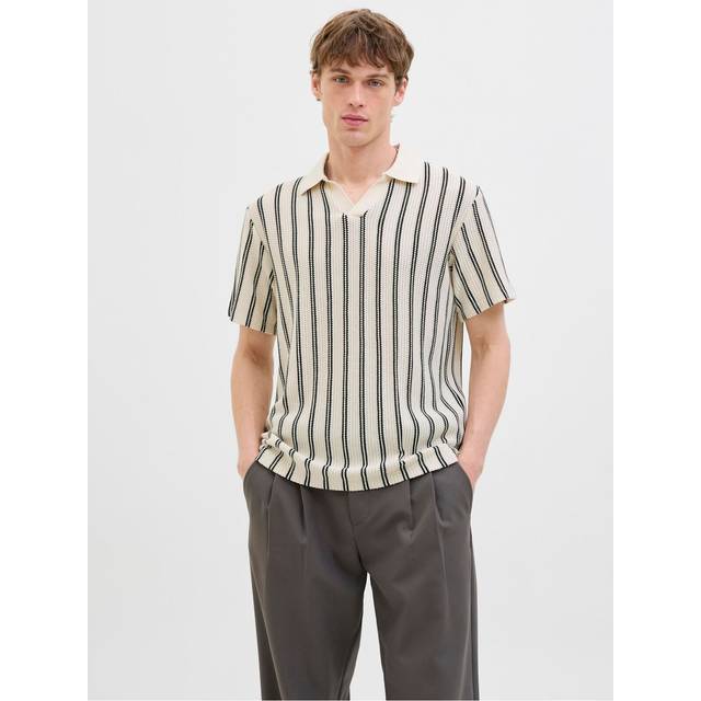 Jack & Jones Men's Off White Short Sleeve Striped Knitted Polo Shirt New Look - L