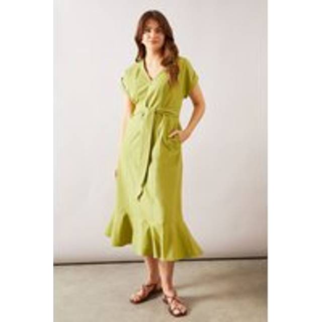 Womens Linen Mix Belted Midi Dress - Pistachio - 12