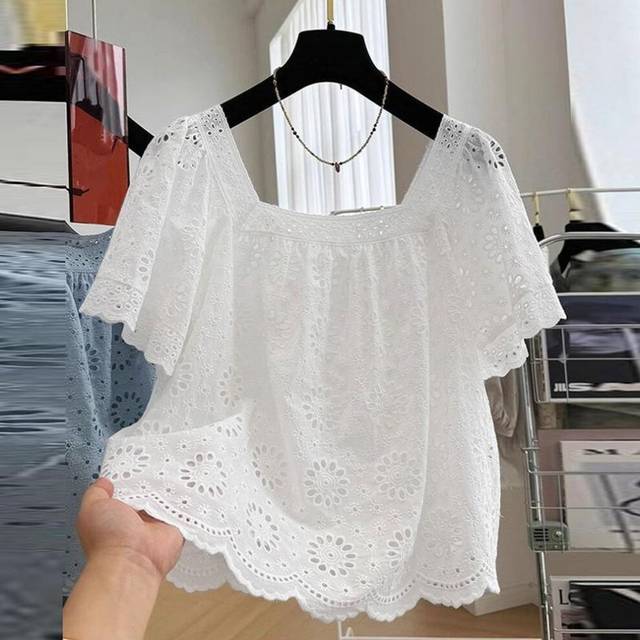 (L, white) Zanzea Women Square Neck Casual Short Sleeve Hollow Out Lace Crochet Blouse