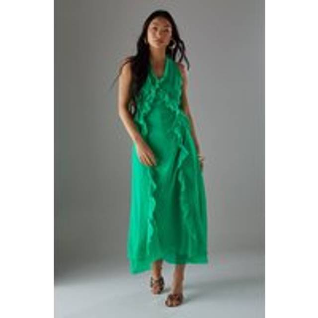 Womens Petite Premium Raw Edge Ruffle Detail Slip Dress - Green - 10