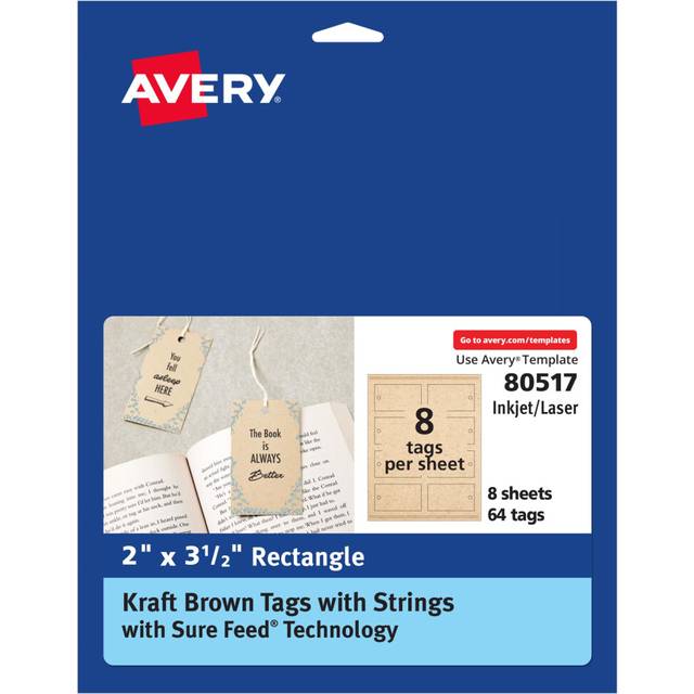 Avery Kraft Brown Rectangle Tags with Sure Feed Technology  2 x 3.5  Laser/Inkjet  64 Printable Tags with Strings Included  Also Great for Gift Tags a
