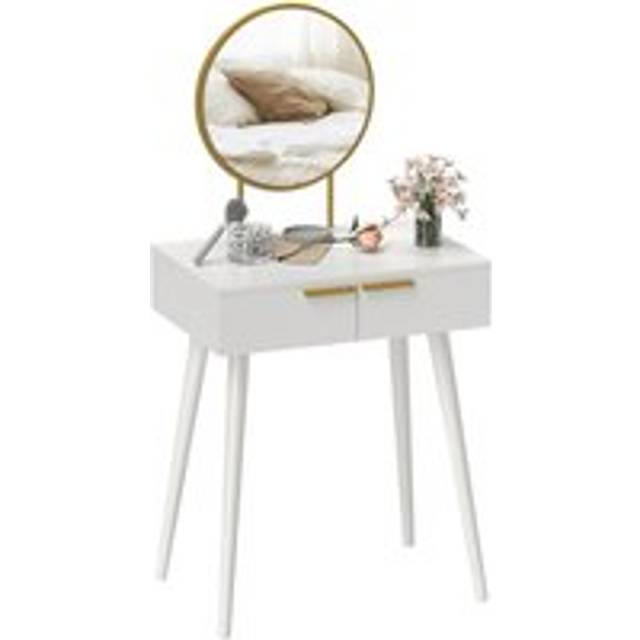 HOMCOM Modern Dressing Table w/ 2 Drawers Round Mirror for Bedroom White