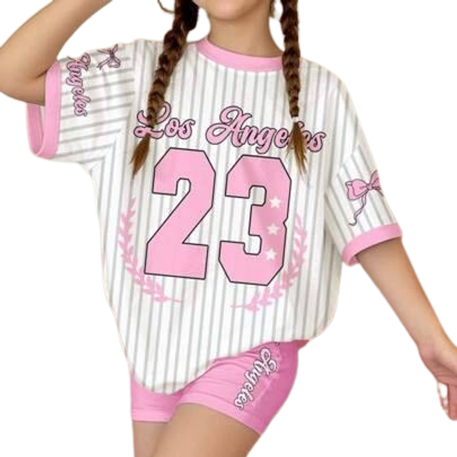 SHEIN Tween Girls&#39; Casual Loose Set: Bowknot & Striped Letter Print Bright Pink Ballerina Graphic Crew Neck Short Sleeve T-Shirt & Shorts, Summer