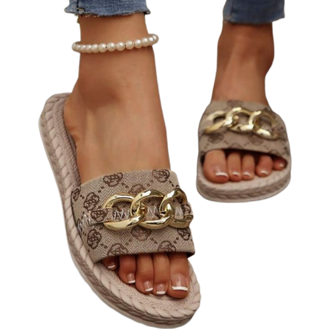 SHEIN Women&#39;s Summer Sandals And Slippers: Rope Sole Slippers, Metal Buckle Decor Slippers, Vacation Style Sandals, Comfortable And Easy Slip-On Sandals, Th