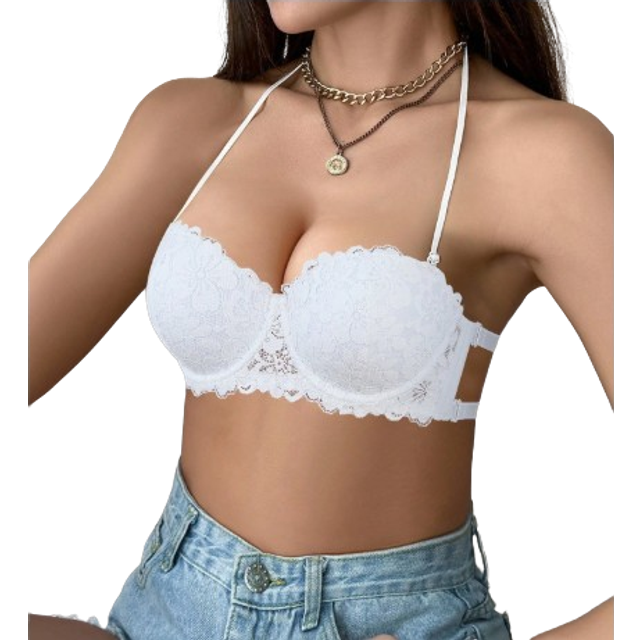 SHEIN 1pc Lace Back Plunge Lingerie Bra With Wire, Underwire Plunge Lingerie Bra For Small Bust, Push Up Invisible Backless Lingerie Bralette, Tube Top