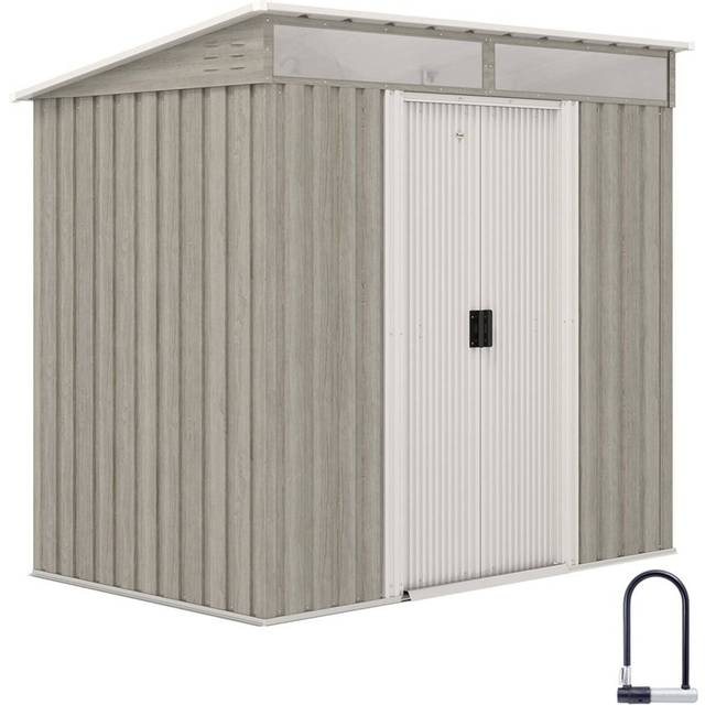 Outsunny 6.5x4FT Garden Shed Lockable Metal Tool Shed Light Grey Wood Effect, Grey