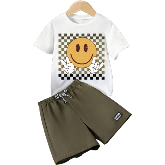 SHEIN Tween Boy Cartoon Smiling Face Print Short Sleeve T-Shirt And Shorts Set