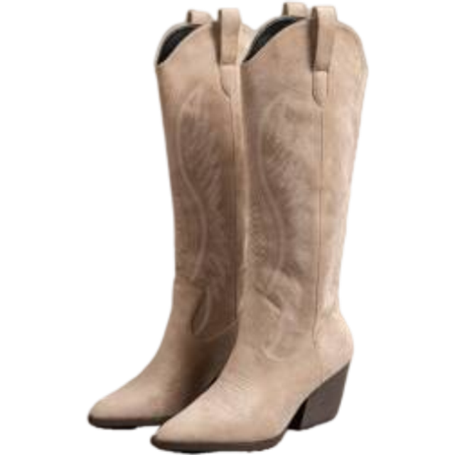 Tropiscape Suede Pointed Toe Embroidered Chunky Heel High Shaft Cowgirl Boots For Women, Fall/Winter Vacay Vibes Vacation Relax Beach