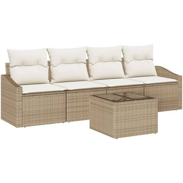 5-delade trädgårdsoffset med kuddar beige poly rattan