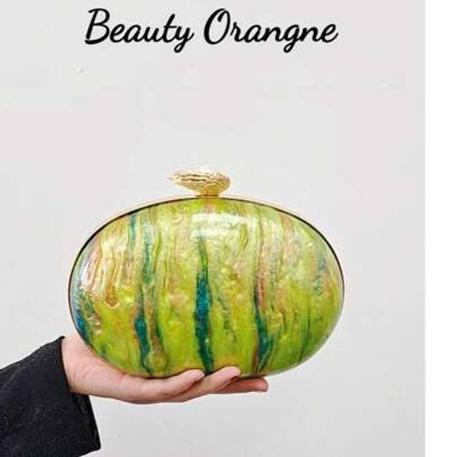 SHEIN 2025 New Summer Style Yellow-Green Acrylic Wavy Pattern Evening Clutch Bag, Women&#39;s Metal Frame Faux Pearl Shell Shaped Asymmetrical Oval Handbag With