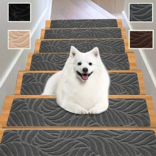 SHEIN 7/15-Piece 20*76cm Leaf Pattern Rectangular Anti-Slip Stair Tread Carpets Stair Tread Mats, Indoor Stair Non-Slip Carpet, Soft Mats For Dogs And Pets,