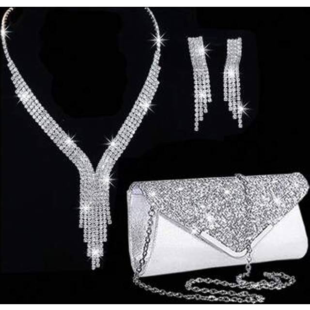 SHEIN 3pcs Set: 1pc Women&#39;s Fashionable Versatile Elegant Sequined Clutch Bag, 1pc Chain Shoulder Bag, 1pc Rhinestone Tassel Decor Necklace & Earrings For P