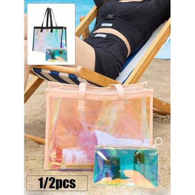 SHEIN 1/2pcs/Set Large Beach Transparent Iridescent Beach Bag, Tote Bag For Women , Waterproof Sandproof Beach Bag With Zipper Pouch Transparent Laser Pouch