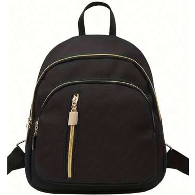 SHEIN 1 Pure Black Metal Zipper Nylon Backpack, Large Capacity, Compact, Fashionable And Versatile Leisure Sports Backpack Suitable For Girls Campus Travel