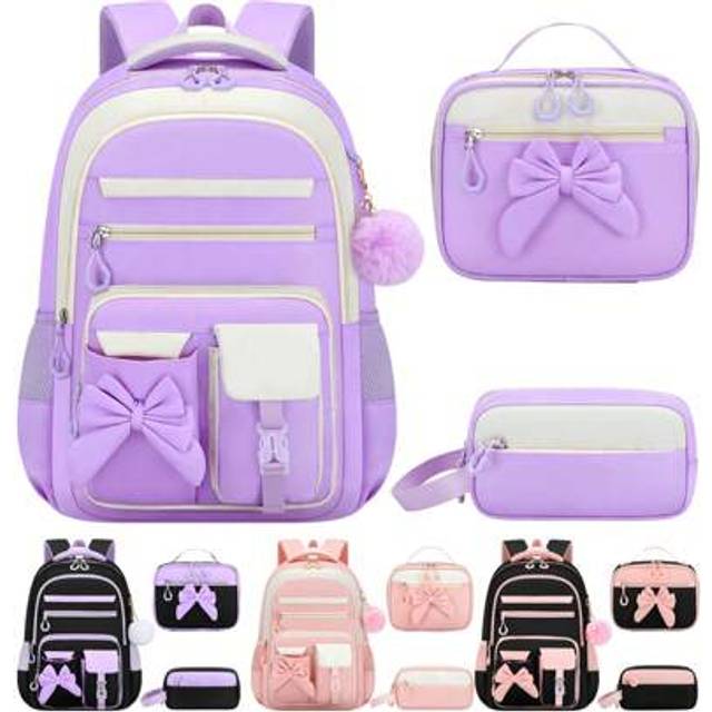 SHEIN 3PCS Girls School Backpack Set With Bowknot, Lunch Box Bag & Pencil Case, Lightweight Multi-Pocket Student Bookbag, Fits 15.6 Inch Laptop, Travel Back