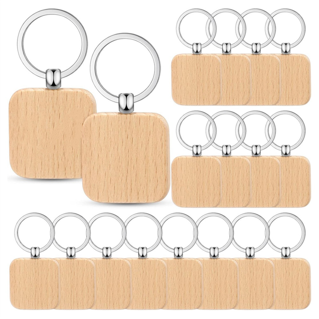 100PCS Wooden Keychain Blanks Wood Key Chain Bulk Unfinished Engraving Tag Ring for DIY Gift Crafts(Square)