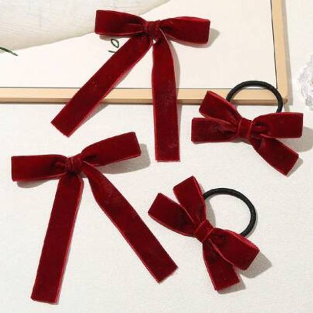 SHEIN 4pcs/Set Burgundy Flocked Cute Bowknot Hair Clip + Elastic Hair Bands, Simple Minimalist, Suitable For Children Daily Life Decoration Hair Accessories