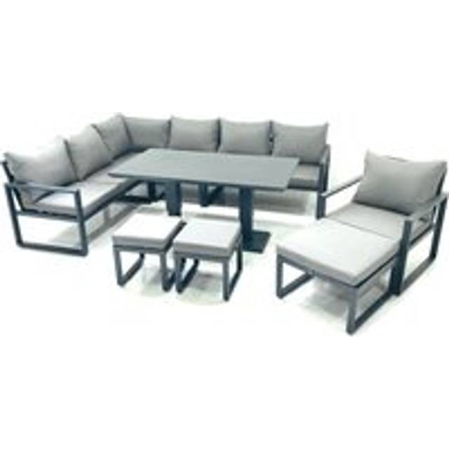 Aluminum Outdoor Garden Furniture Set Corner Sofa Chair 3 Footstools Adjustable Rising Lifting Dining Table Sets Dark Grey - One Size