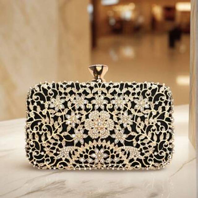 SHEIN Party Handbag With Metal Handle Diamond Evening Clutch Bag Women Wedding Golden Clutch Purse Chain Shoulder Bag Small