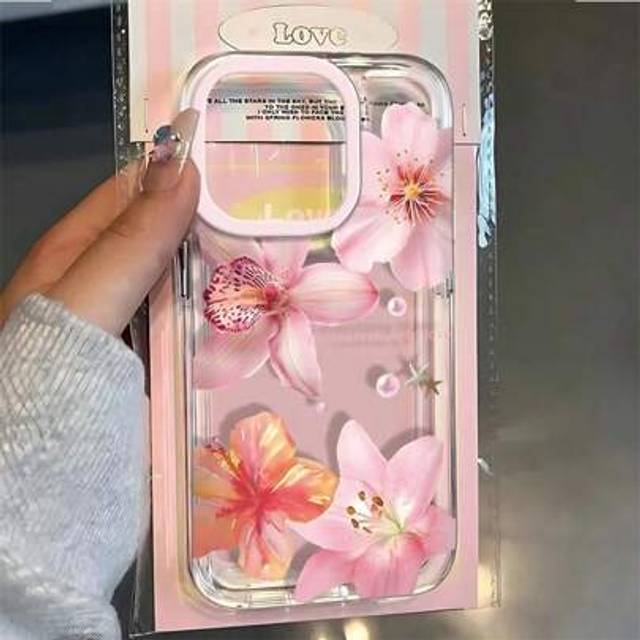 SHEIN Pink Lily Flower Pattern Phone Case For IPhone 16 16e 15 14 13 12 11 Pro Max X XR XSMax 7 8 Plus SE2 Transparent Soft TPU Cover